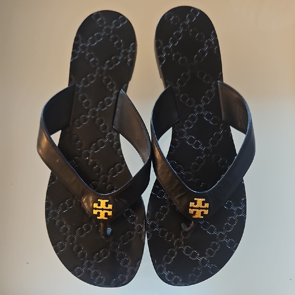Tory Burch Black Sandals with Gold Logo